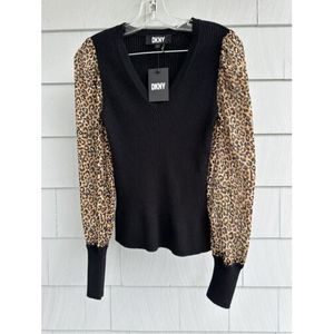 DKNY Black Sweater W/leopard Print Sheer Long Sleeves Size S‎ NWT
